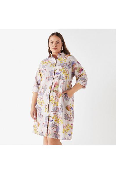 Ulla Popken Plus Size Ulla Popken Printed Shirt Dress with Pocket and 3/4 Sleeves