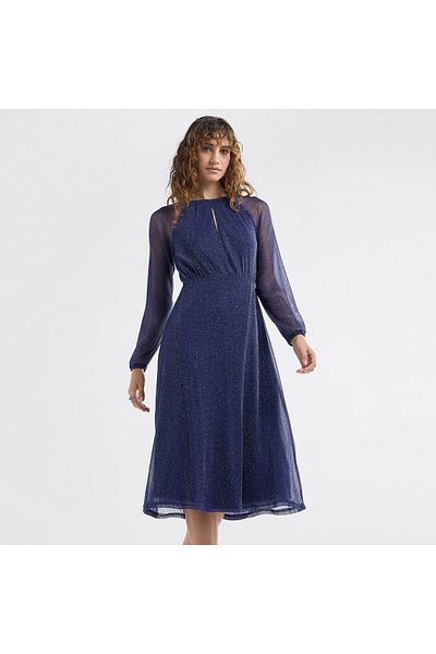FAV Textured A-line Dress with Keyhole Neck and Long Sleeves