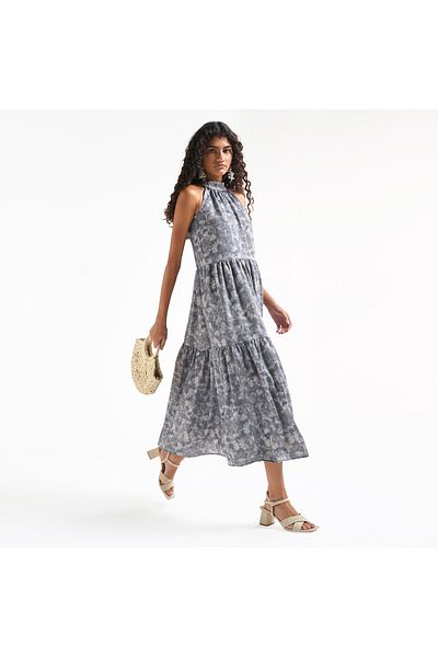 FAV All-Over Print Halter Neck Tiered Dress with Tie-Ups