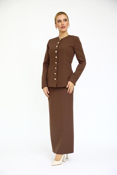 ÖNDER ÖZSOY Boydan Düğmeli Kemerli Ceket  & Uzun Kalem Etek Takım-Kestane