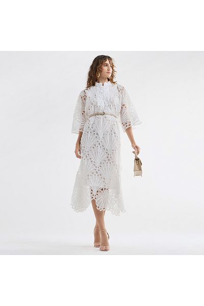 FAV Lace Detail A-Line Dress with High Neck and Short Sleeves