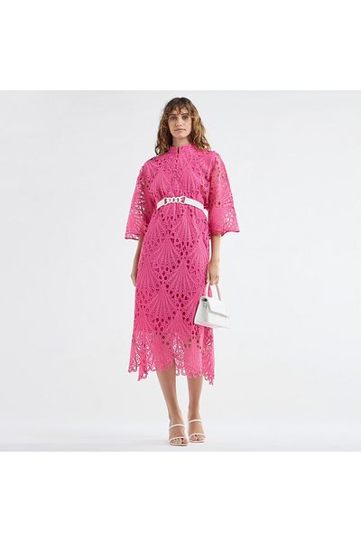FAV Lace Detail A-Line Dress with High Neck and Short Sleeves