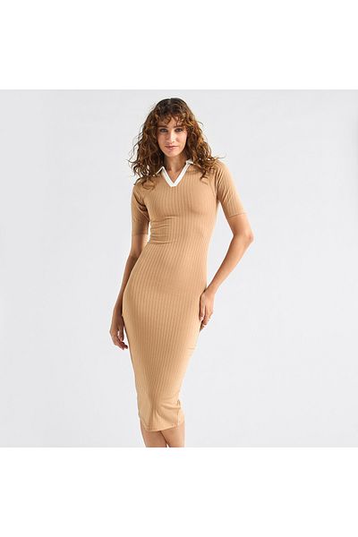 FAV Striped Bodycon Dress with Collar and Short Sleeves