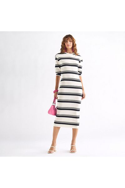 FAV Striped Bodycon Dress with Round Neck and 3/4 Sleeves