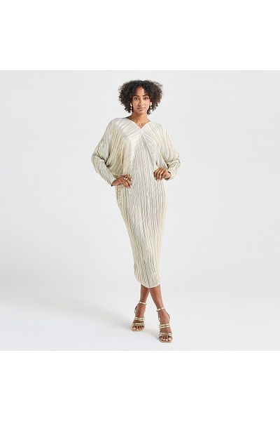 FAV All-Over Pleated V-neck Dress with Extendable Sleeves