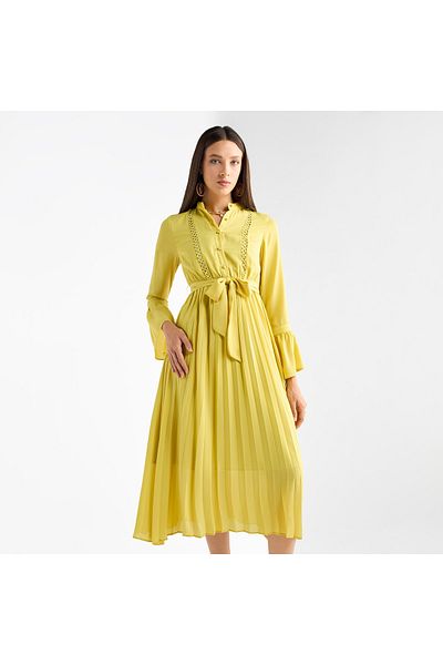 FAV Pleated Mandarin Collar Dress with Bell Sleeves and Tie-Up Belt