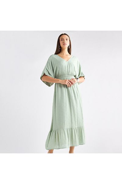 FAV Textured V-neck Dress with Extended Sleeves and Flounce Hem