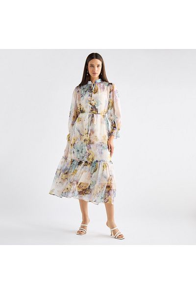 FAV All-Over Floral Print Mandarin Collar Dress with Volume Sleeves and Flounce Hem