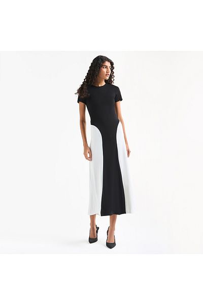 FAV Colourblock A-line Midi Dress with Round Neck and Short Sleeves