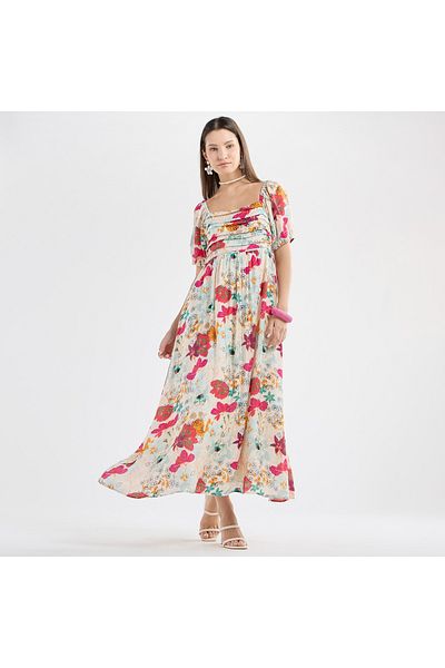 FAV All-Over Floral Print Maxi Dress with Square Neck and Short Sleeves