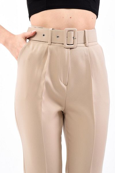 KAŞİHA Stone Colored Skinny Leg Classic Women's Trousers - Belted