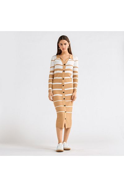FAV Striped Collared Shirt Dress with Long Sleeves