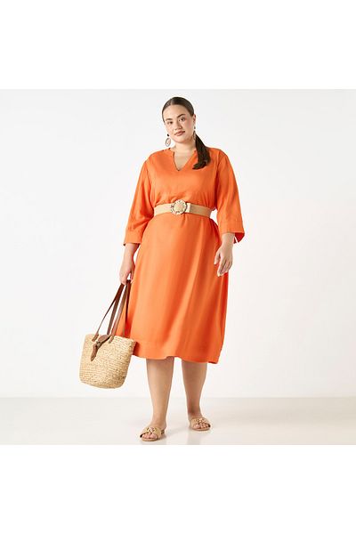 Ulla Popken Plus Size Ulla Popken Dress with Split Neck and 3/4 Sleeves