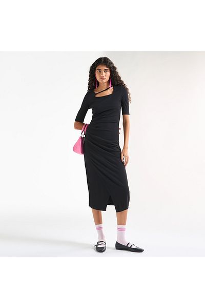 FAV Textured Bodycon Dress with Square Neck and Tulip Hemline