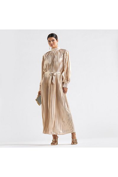 FAV Pleated High Neck A-line Dress with Long Sleeves and Tie-Up Belt