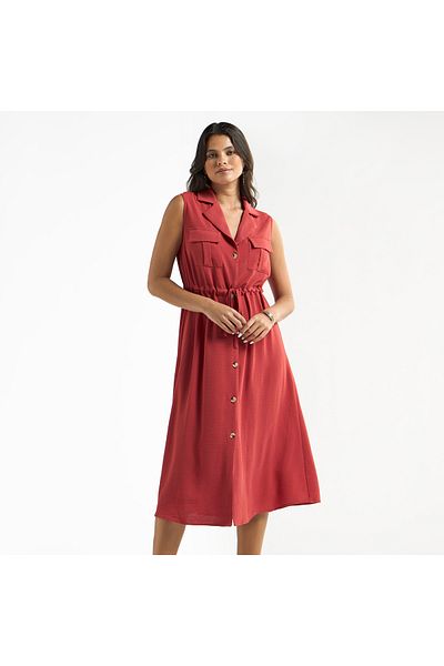 FAV Textured Sleeveless Shirt Dress with Pockets