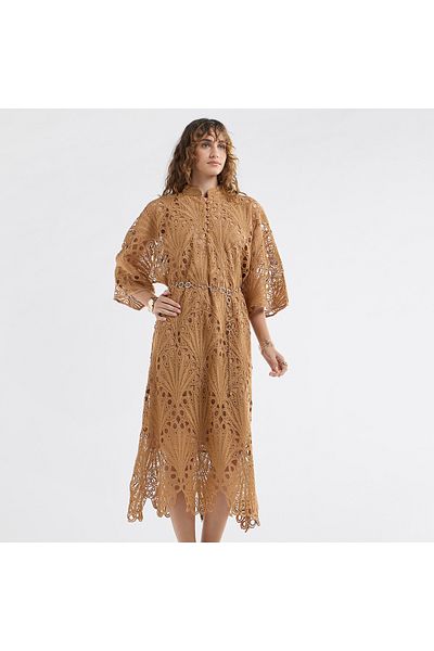 FAV Lace Detail A-Line Dress with High Neck and Short Sleeves