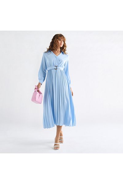 FAV Pleated Shirt Dress with Belt and Long Sleeves
