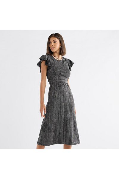 FAV Textured Midi Dress with Flutter Sleeves and Tie-Up Belt
