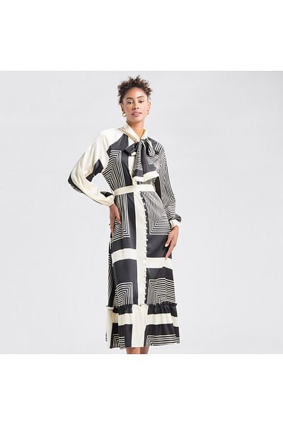FAV All-Over Print Shirt Dress with Long Sleeves and Flounce Hem