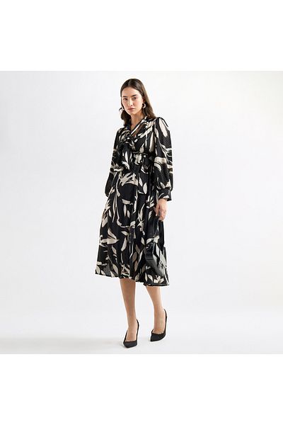 FAV Abstract Print Belted A-line Dress with Pussy Bow Neck and Long Sleeves