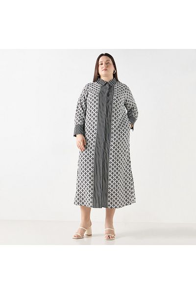 Ulla Popken Plus Size Ulla Popken Geometric Print Shirt Dress with Long Sleeves
