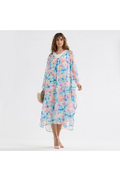 FAV Floral Midi Kaftan Dress with Long Sleeves and Lace Detail