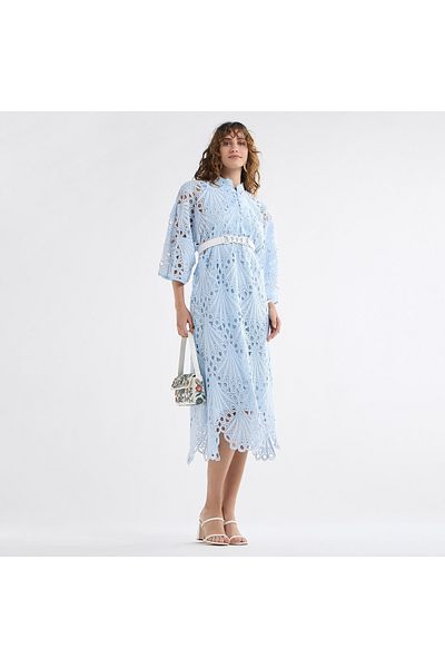 FAV Lace Detail A-Line Dress with High Neck and Short Sleeves