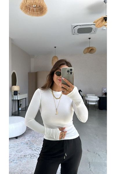 SEVENLINE Women's Crew Neck Finger Detailed Long Sleeve Blouse