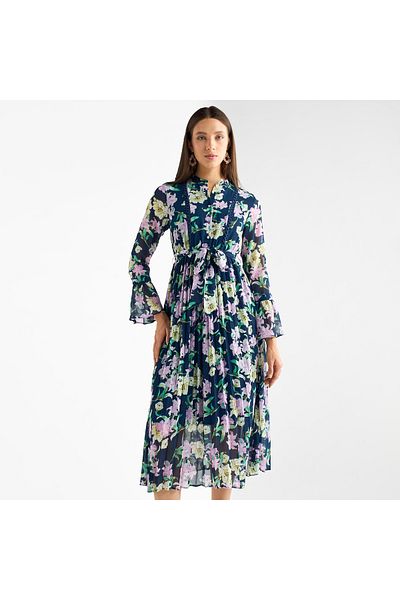 FAV Floral Printed Pleated Mandarin Collar Dress with Bell Sleeves and Tie-Up Belt