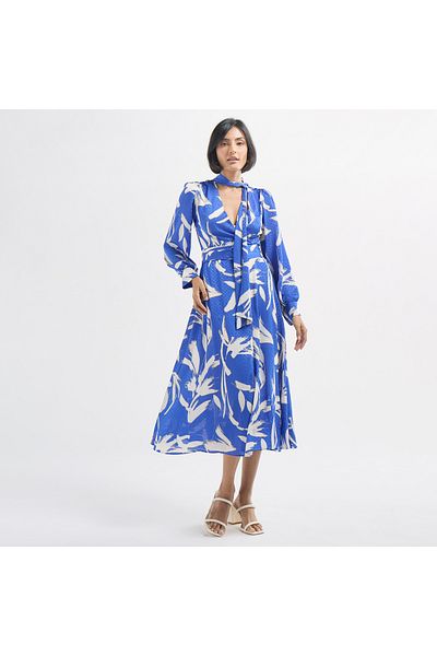 FAV All-Over Print Belted A-line Dress with Long Sleeves