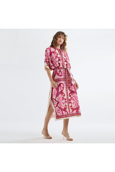 FAV All-Over Print Round Neck Kaftan Dress with Tie-Up Belt and Slit Detail