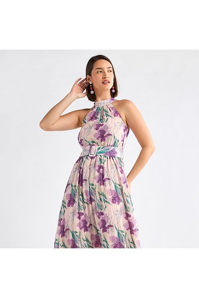 FAV Floral Print Halter Neck Dress with Belt