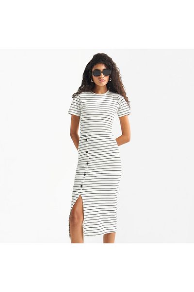 FAV Striped Midi Dress with Round Neck and Slit Detail