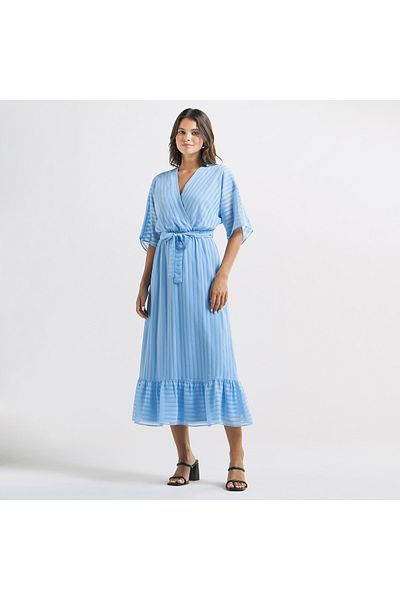 FAV Striped Midi A-line Dress with Short Sleeves and Tie-Up Belt