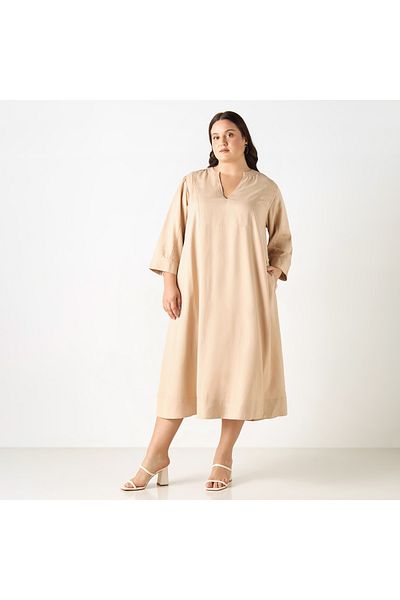 Ulla Popken Plus Size Ulla Popken Dress with Split Neck and 3/4 Sleeves