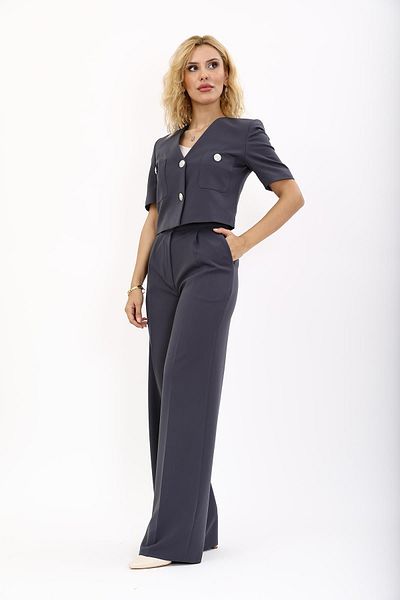 ÖNDER ÖZSOY Smoke Color Mini Jacket and High Waist Wide Leg Pants Set - Short Sleeve
