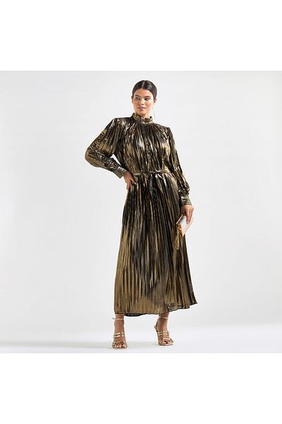 FAV Pleated High Neck A-line Dress with Long Sleeves and Tie-Up Belt