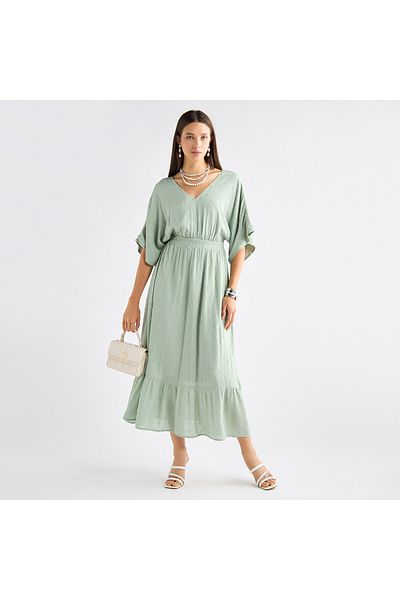 FAV Textured V-neck Dress with Extended Sleeves and Flounce Hem