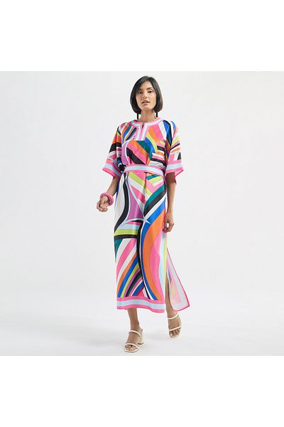 FAV All-Over Print Round Neck Kaftan Dress with Tie-Up Belt and Slit Detail