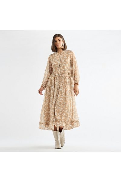 FAV Floral Print Midi Shirt Dress with Long Sleeves