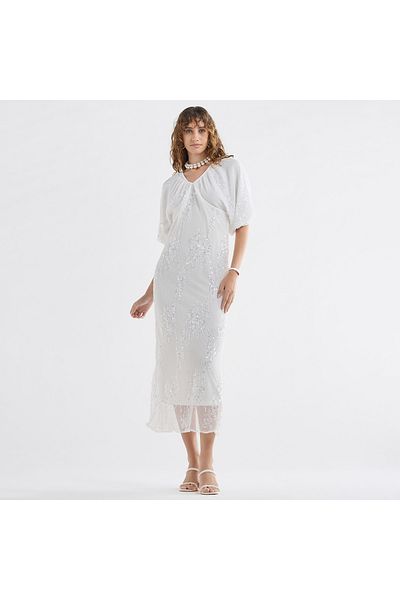 FAV Sequinned Midi Dress with Short Puff Sleeves and V-neck