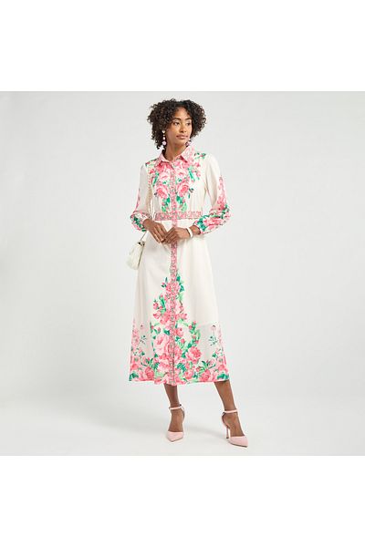 FAV All-Over Floral Print Shirt Dress with Tie-Up Belt and Long Sleeves