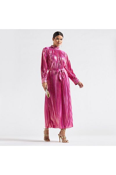 FAV Pleated High Neck A-line Dress with Long Sleeves and Tie-Up Belt