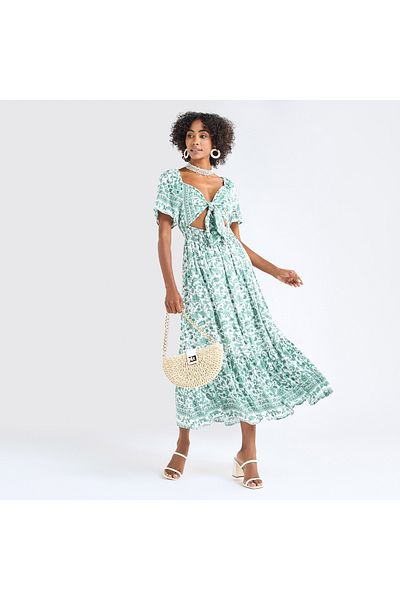 FAV Floral Print Maxi Dress with Sweetheart Neck and Cutout Detail
