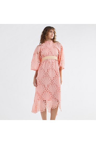 FAV Lace Detail A-Line Dress with High Neck and Short Sleeves