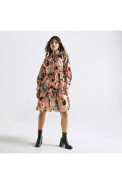 FAV All-Over Tropical Print High Neck Dress with Long Sleeves