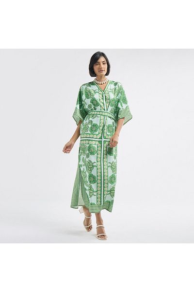 FAV All-Over Floral Print V-neck Kaftan Dress with Tie-Up Belt and Slit Detail