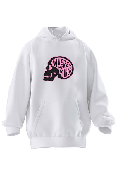 NMG TEKSTİL Φούτερ με κουκούλα Unisex Premium Cotton White Where My Mind με στάμπα με 3 νήματα