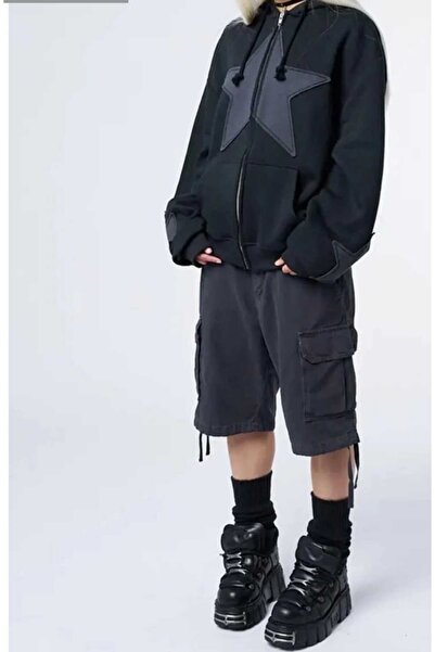 DENİKK Yudoowear, Knitted Black Cardigan with a Star Print and a Hooded Zipper